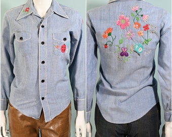 Vintage 60s/70s Hand Embroidered Chambray Shirt, Ladybug Flowers, Sears Put on Shop XS