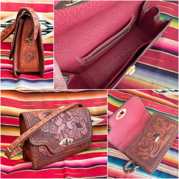 Vintage Heavily Tooled Leather Handbag, Southwest… - image 9