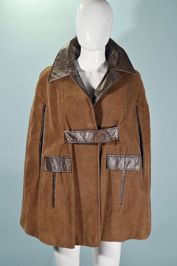 Vintage 60s Mod Brown Cape, Vinyl Trim + Pockets - image 1