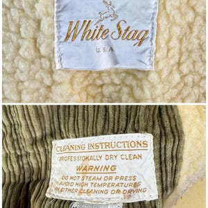 May include: Close-up of two tags from a garment. The top tag is white with gold embroidered text that reads "White Stag" and "U.S.A." with a deer logo. The bottom tag has cleaning instructions, including "Professionally Dry Clean."