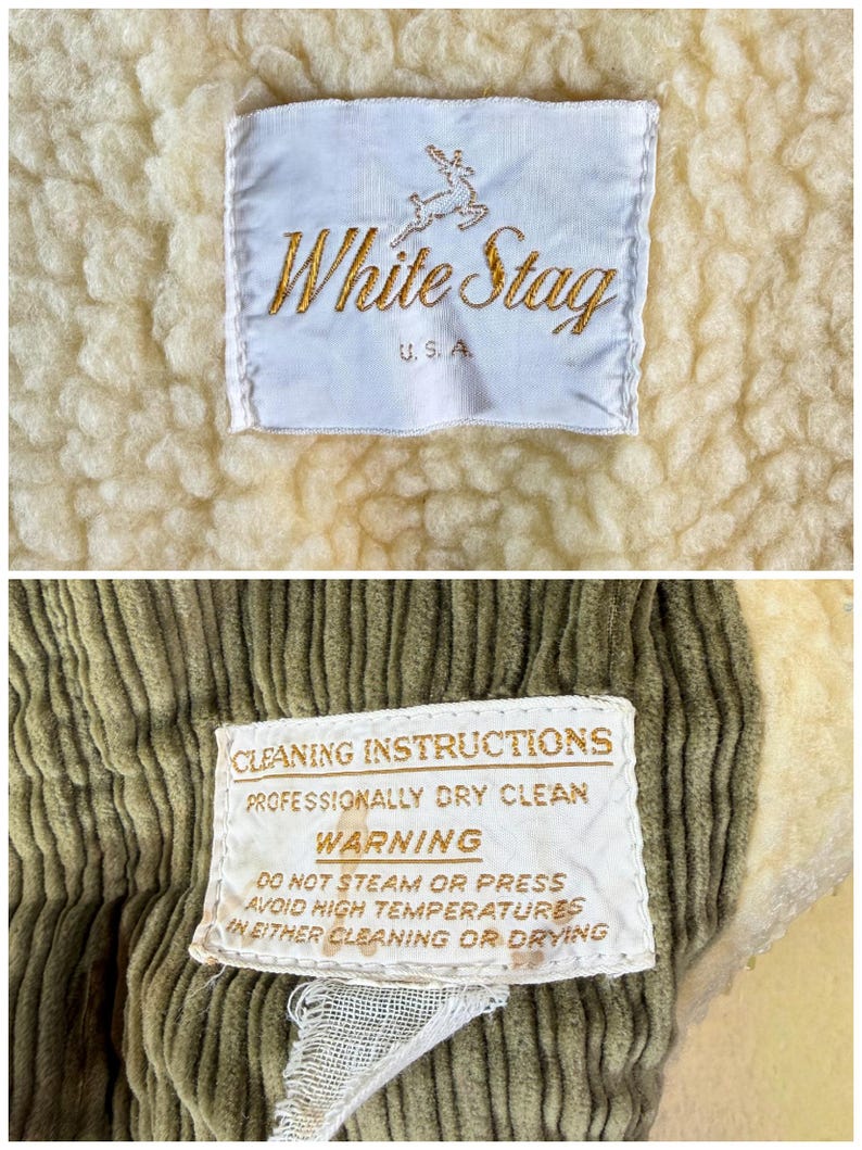May include: Close-up of two tags from a garment. The top tag is white with gold embroidered text that reads "White Stag" and "U.S.A." with a deer logo. The bottom tag has cleaning instructions, including "Professionally Dry Clean."