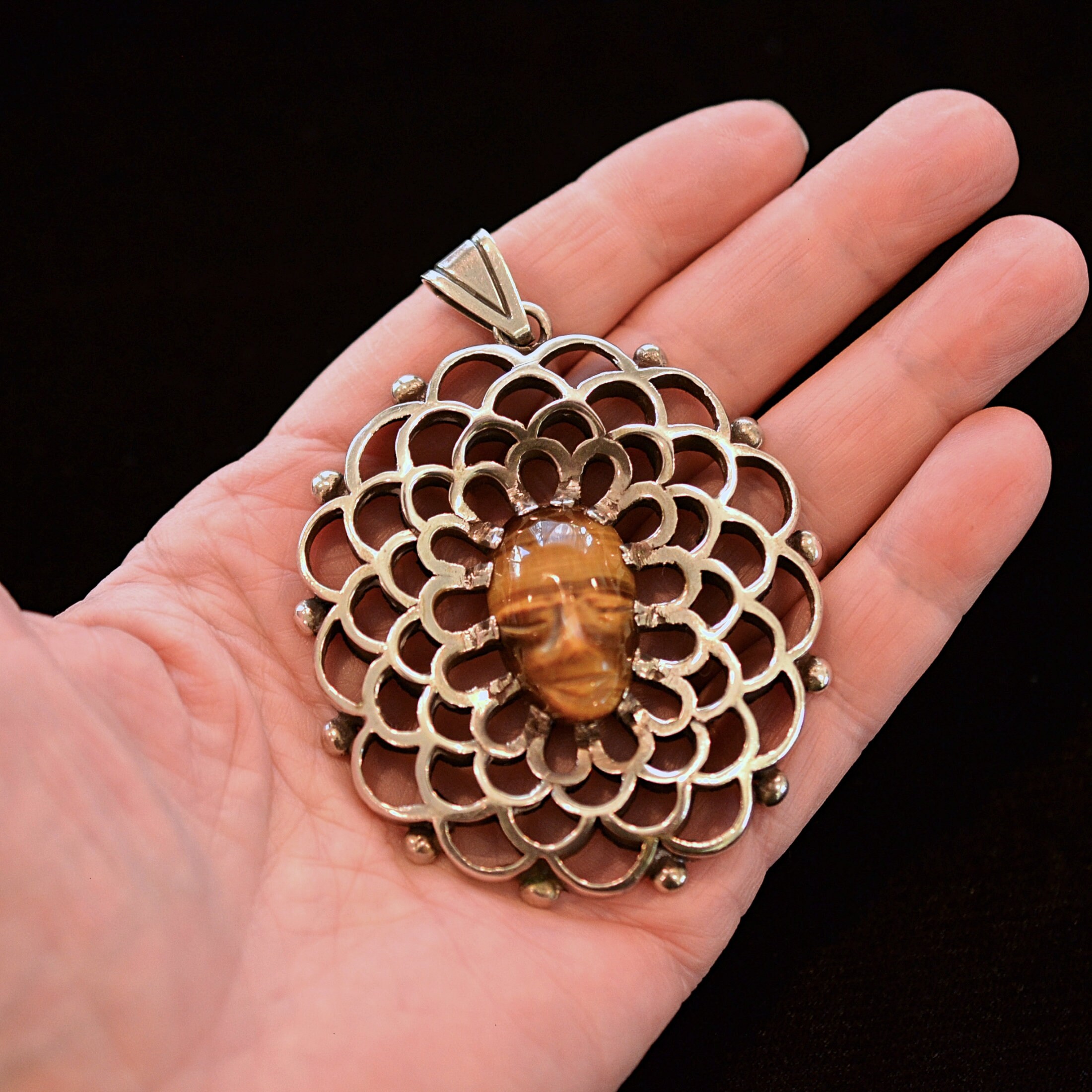 Pendentif & Broche Argent Et œil De Tigre - Los Ballesteros Taxco Mexique - Occasion Très Bon état