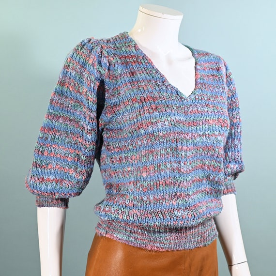 Vintage 70s Blue Variegated Knit Pullover Sweater… - image 3