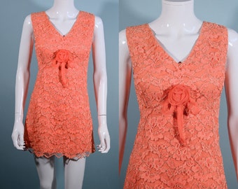 Vintage 60s Lace Mini Dress, Orange Lace Homecoming Party Dress XS/S