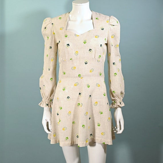 Vintage 60s/70s Linen Mini Dress, Geometric Print… - image 2