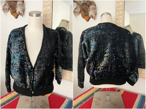Vintage 50s Sequin Rockabilly Cardigan Sweater M - image 1