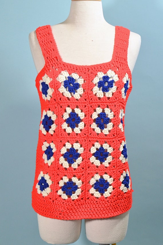 Vintage 70s Granny Square Crochet Top, Americana … - image 4