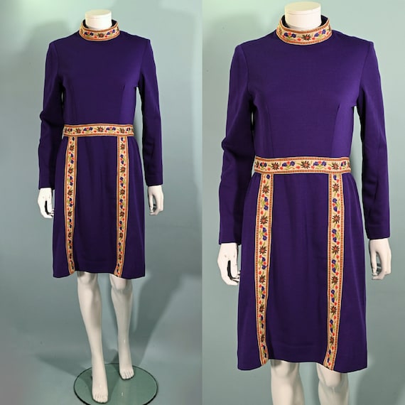 Vintage 60s Deep Purple Hippie Dress, Embroidered… - image 1