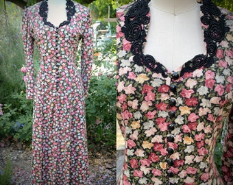 90s does 70s Floral Print Dress, Black Lace Trim, Midi Dress S