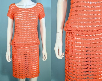 Vintage 60s Orange Mod Sheer Crochet Dress S/M