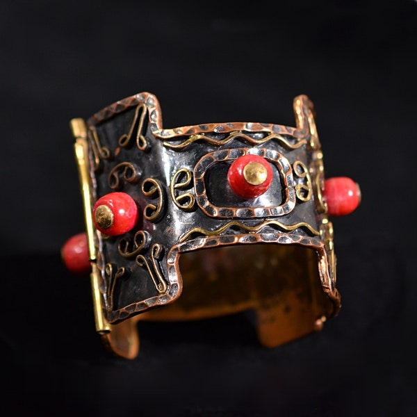 Stunning Vintage Casa Maya Copper Mixed Metal Statement Bracelet, Signed Mexico