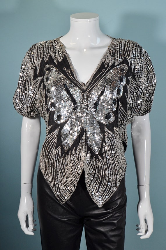 Vintage 70s Sequin Butterfly Top, Silver Boho Dis… - image 2