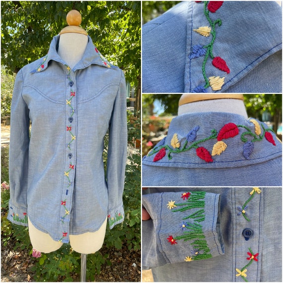 Vintage 60s/70s Hand Embroidered Chambray Blouse,… - image 1