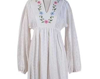 White Dress Embroidered Smock Dress White Ethnic Dress Embroidered Lantern  Sleeve Tassel Tie Smock Dress White
