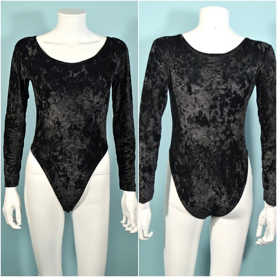 Vintage Black Crushed Velvet Bodysuit, 80s Sexy L… - image 1