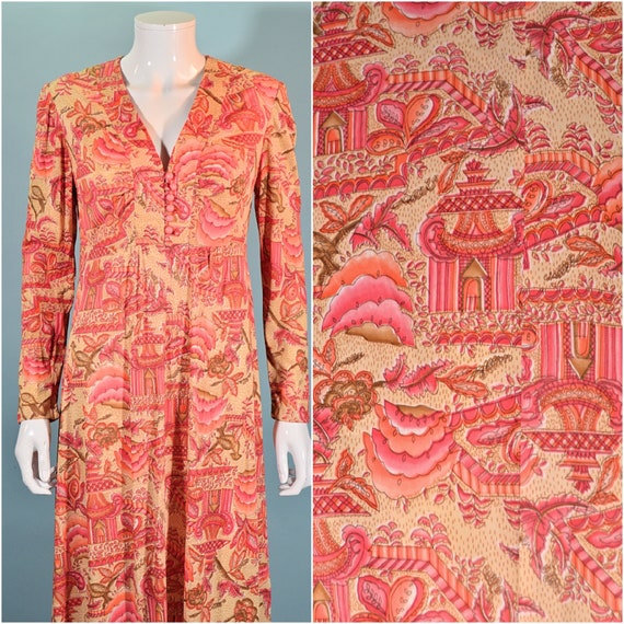 Vintage 70s Maxi Dress, Birds Flowers & Pagodas P… - image 3