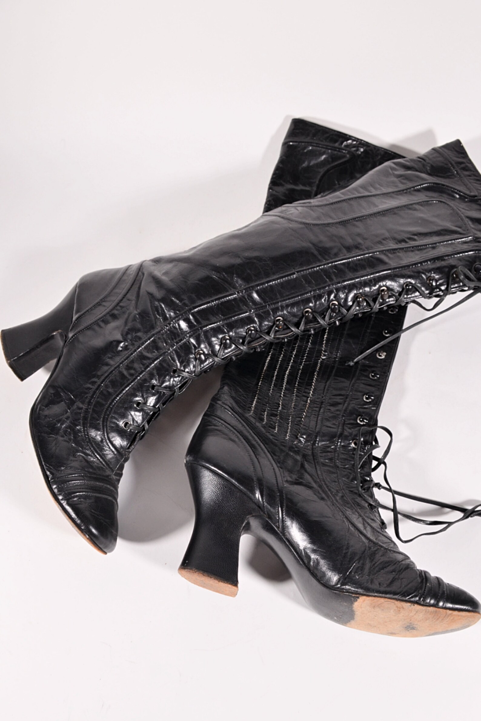 Vintage 1960s Black Leather Lace up Granny Boots by