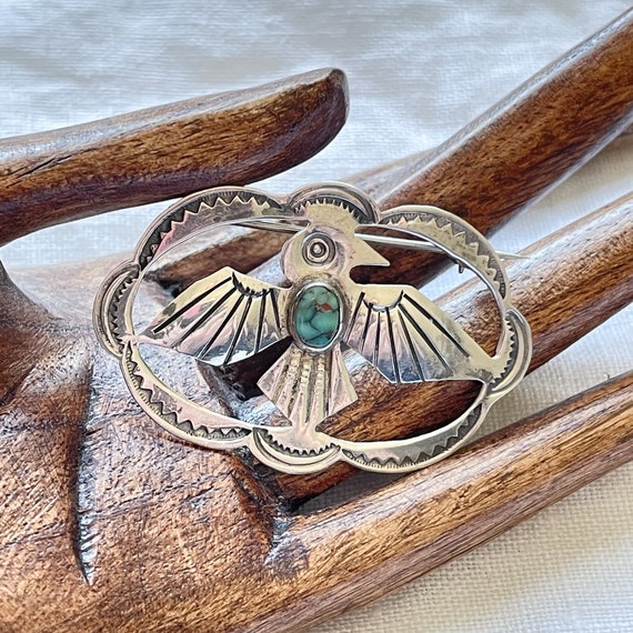 Vintage Sterling Silver Turquoise Thunderbird Bro… - image 6