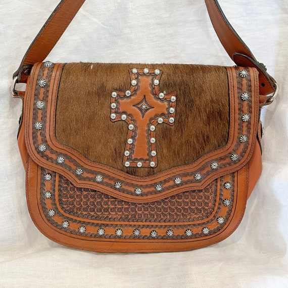 Vintage Tooled Leather Cowhide Shoulder Bag, Meta… - image 2