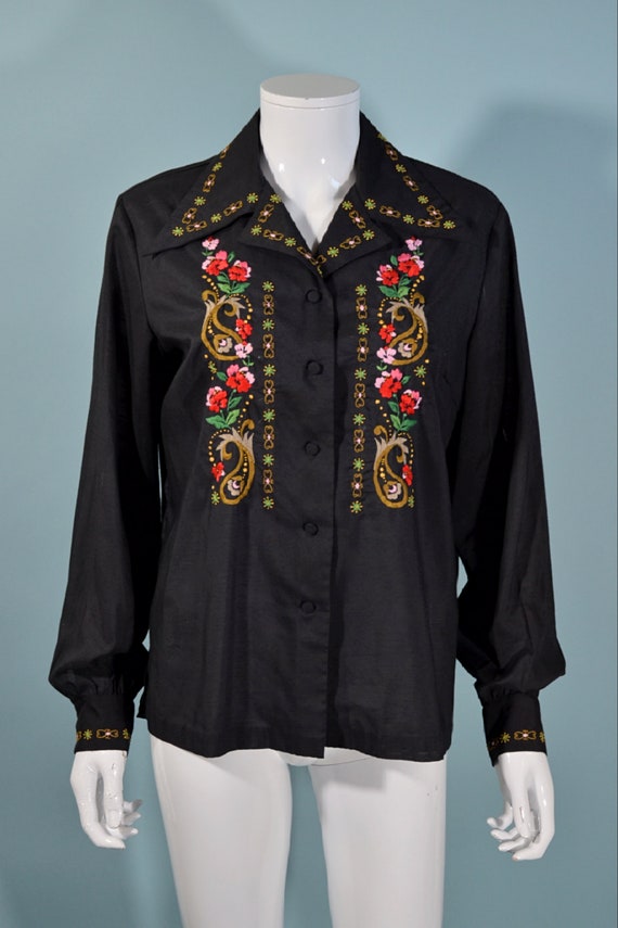 Vintage 60s Black Ethnic Hand Embroidered Blouse,… - image 4