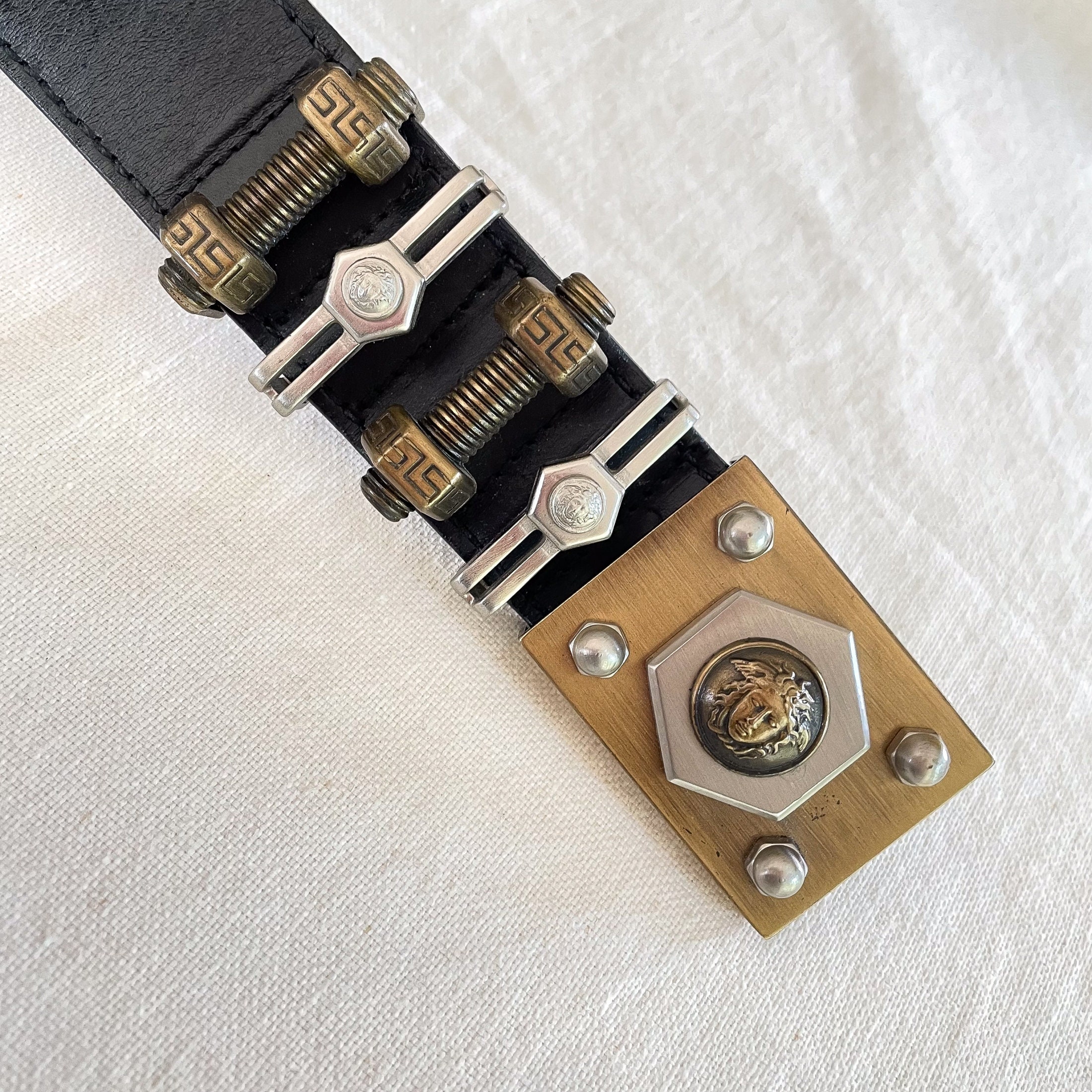 Vintage Versace Belt, Black Leather Medusa Bolts, GIANNI 