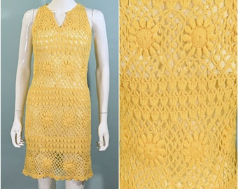 Vintage 60s Yellow Crochet Mini Dress, Sleeveless Mod Open Knit Dress XS