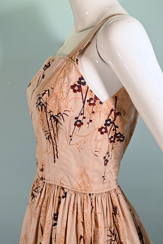 Vintage 50s Asian Print Dress, Full Skirt 26" Wai… - image 8