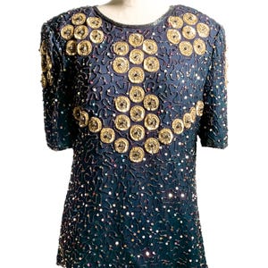Vintage Laurence Kazar Blue Gold Beaded Sequin Top M