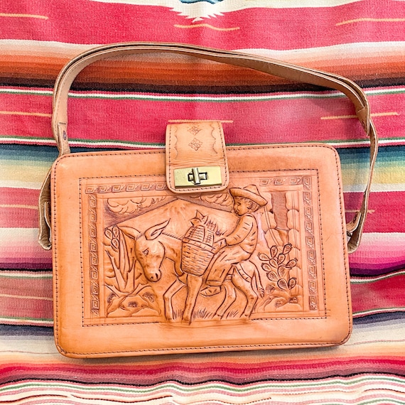 Vintage Tooled Leather Shoulder Bag, Boy on Donke… - image 1