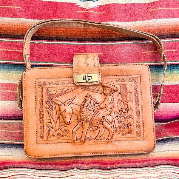 Vintage Tooled Leather Shoulder Bag, Boy on Donkey/Aztec Design Stamped Bag