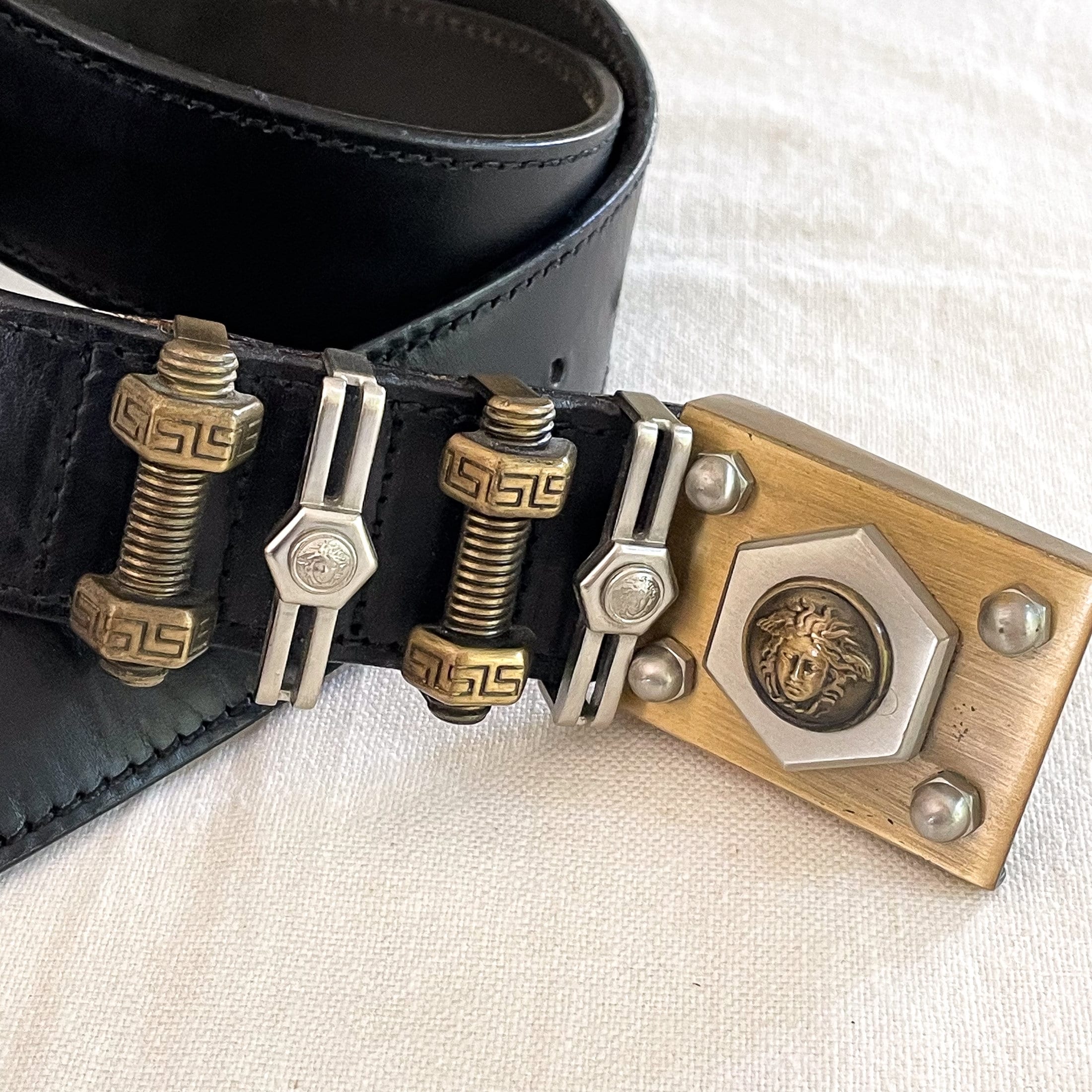 Vintage Versace Belt, Black Leather Medusa Bolts, GIANNI