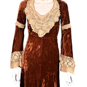 Rust Velvet Victorian Maxi Dress, Hand Crochet Lace, Gothic Wedding Dress, Costume Display XS
