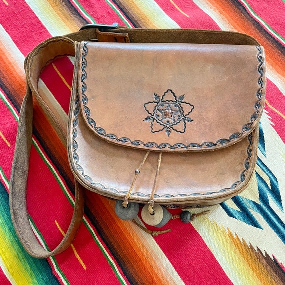 Vintage Tooled Leather Southwestern Shoulder Bag … - image 6