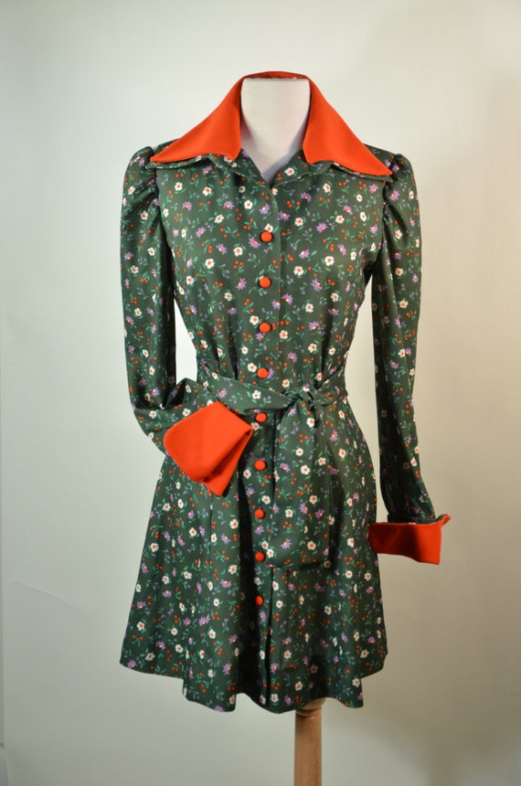 Vintage 70s Green Floral Mini Dress, Mod Dress S