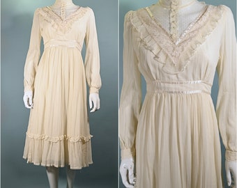 Genuine Gunne Sax Cream Gauze & Lace Maxi Dress, Cottagecore Prairie Dress S