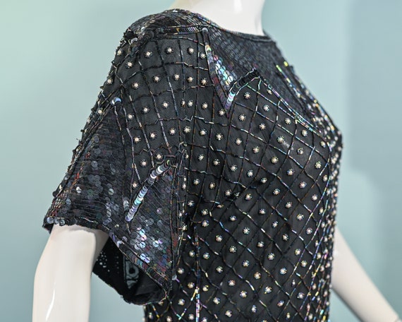 70s Black Silk Beaded/Sequin Top, Relaxed Fit Par… - image 5