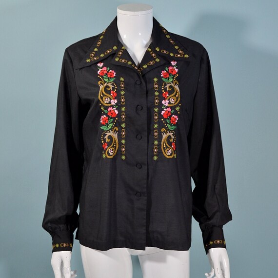 Vintage 60s Black Ethnic Hand Embroidered Blouse,… - image 2