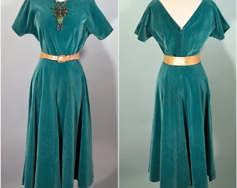 Vintage Teal Velvet Fit & Flare Party Dress, 26" W Size S