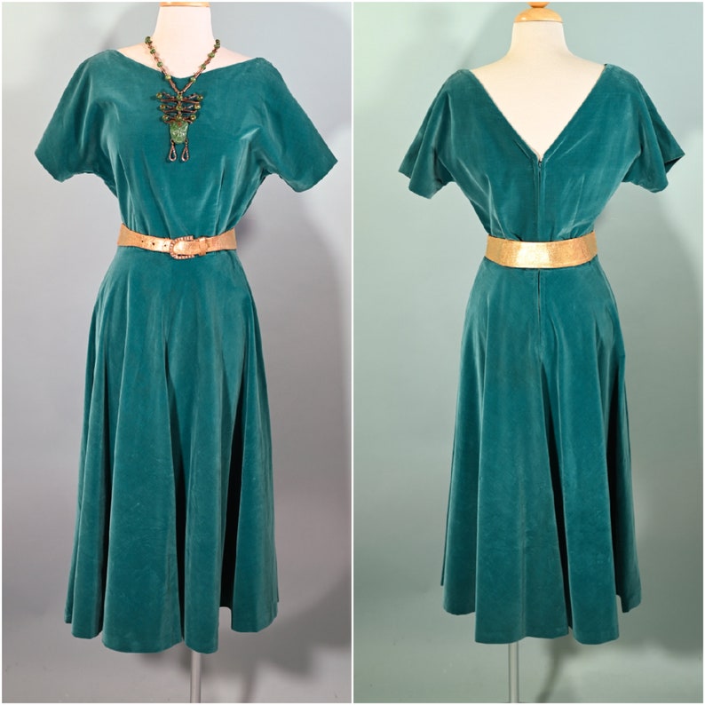 Vintage Teal Velvet Fit & Flare Party Dress, 26 W Size S image 1