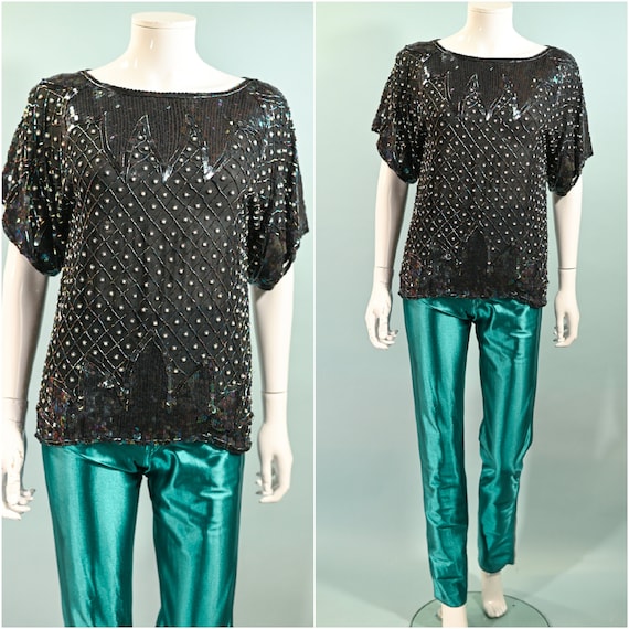 70s Black Silk Beaded/Sequin Top, Relaxed Fit Par… - image 1