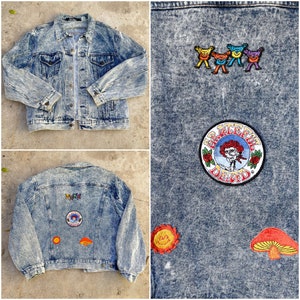 80s Acid Washed Denim Jacket Grateful Dead Patches, Dead Head Denim Jacket, Grunge Rocker