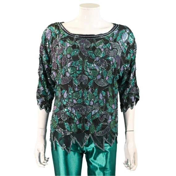 Vintage 70s/80s Heavily Beaded Sequin Top, Deco F… - image 3