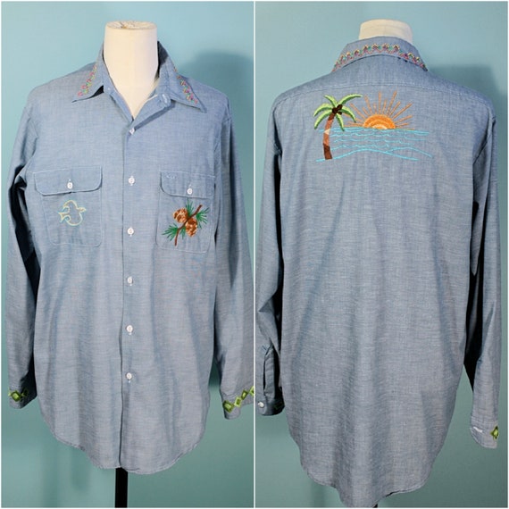 Vintage 70s Hand Embroidered Hippie Shirt, Sunris… - image 3