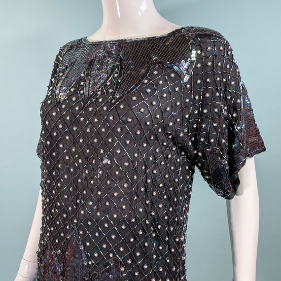 70s Black Silk Beaded/Sequin Top, Relaxed Fit Par… - image 4