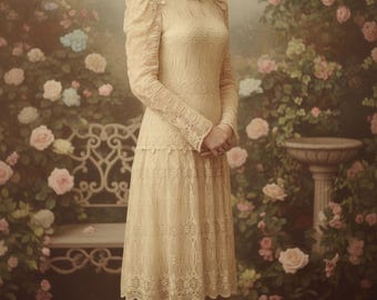 May include: A vintage-style, cream-colored lace dress with long sleeves and a high neckline. The dress is knee-length and worn with matching stockings and boots. The background features a garden scene with roses and a decorative bench, creating a romantic aesthetic.