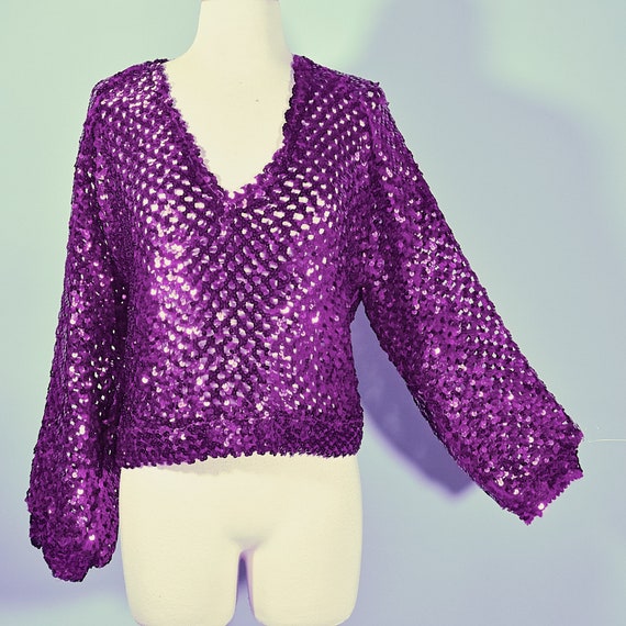 Vintage 70s Magenta Sequin Sparkle Top by Three F… - image 2