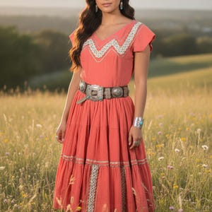50s Southwestern Patio Dress, Coral Full Skirt Dress M