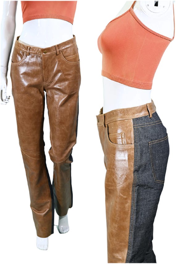 Vintage Leather/denim Jeans, Patchwork Leather Jeans/leather