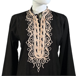 Vintage Black Cotton Caftan Tan Cord Trim, Boho Loungewear