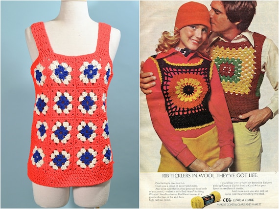 Vintage 70s Granny Square Crochet Top, Americana … - image 2